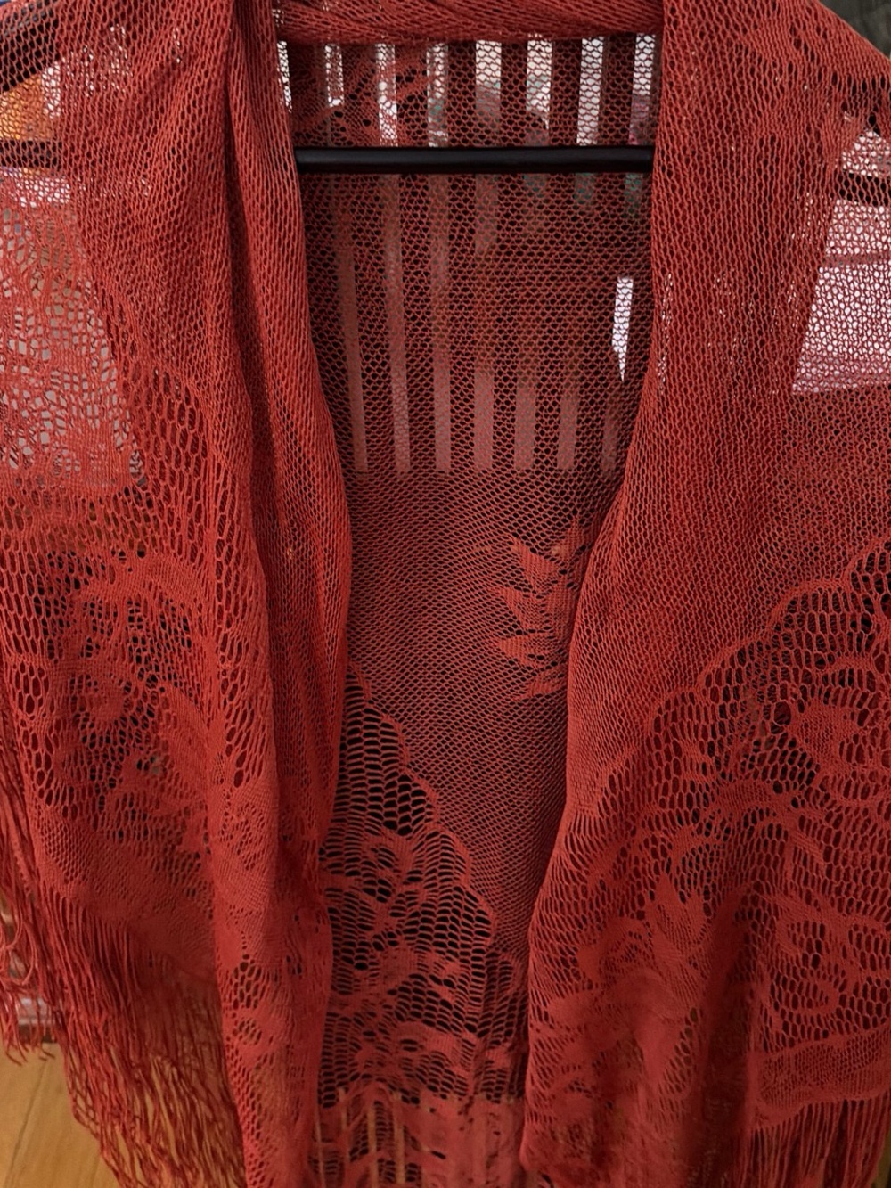 Lace Fringe Open Kimono in Rust